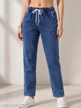 Relaxed Fit Full Length Elastic Waist Tie-Up Stone Wash Jean Joggers